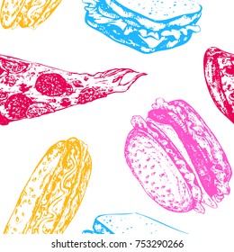 Vector set of Retro Fast Food realistic sketches. Hand drawn illustrations. Burgers, hot dogs, sandwiches, dinners, pizzas, French fries. Seamless pattern with sketched fast food background, backdrop.