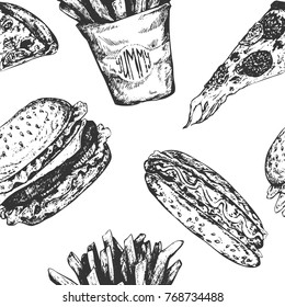 Vector set of Retro Fast Food realistic sketches. Hand drawn illustrations. Burgers, hot dogs, sandwiches, dinners, pizzas, French fries. Seamless pattern with sketched fast food background, backdrop.