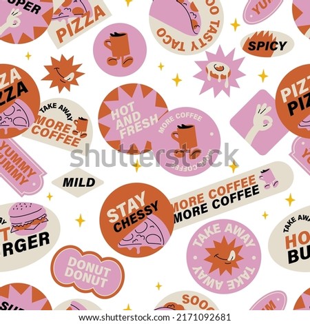 Vector set of retro fast food stickers. Colorful patch badges for junk food cafe. Seamless patterns