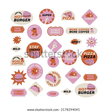Vector set of retro fast food stickers. Colorful patch badges for junk food cafe