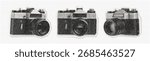 Vector set of retro film cameras in stippling style. Vintage collage aesthetic with textured dot shading. Hand-drawn photography elements for creative design.