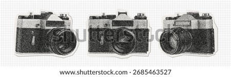 Vector set of retro film cameras in stippling style. Vintage collage aesthetic with textured dot shading. Hand-drawn photography elements for creative design.