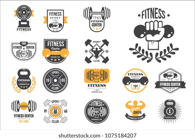 Vector set of retro fitness logo templates. Emblems with dumbbells, barbells and silhouettes of muscular men. Design for gym or sport club