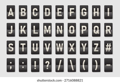 Conjunto de Vectores de letras y símbolos del alfabeto de flipboard retro en estilo de tablero de salida del aeropuerto, colección de tipografía de solapa dividida mecánica para pantallas de viaje, señalización, interfaz de usuario y Diseño gráfico