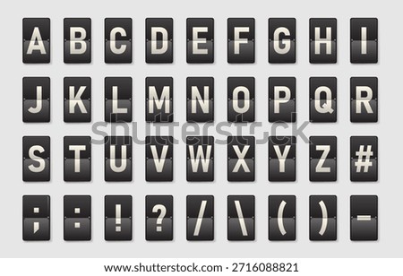 Vector set of retro flipboard alphabet letters and symbols in airport departure board style, mechanical split flap typography collection for travel displays, signage, UI and graphic design