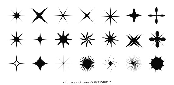 Vector set of retro futuristic shapes, icons, basic figures, minimalist elements in black color. Retrofuturism shapes. Trendy y2k rave design. Vector. 