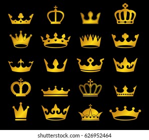 vector set of retro golden crowns on black background