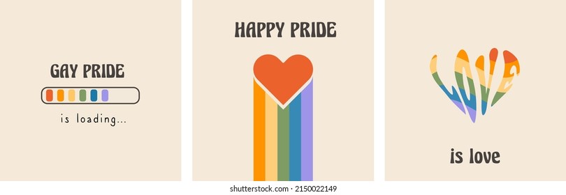 Vector set of retro greeting cards for LGBTQIA Pride Month. Social media post with groovy queer slogans and phrase. LGBT rainbow flag colors, love word in heart shape and Gay Pride Loading bar. Vector