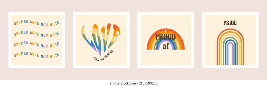 Vector set of retro greeting cards for LGBTQ Pride Month. Social media post with groovy queer slogans, wavy phrases and quotes. A heart in rainbow LGBT flag colors. Vector illustration in flat style.