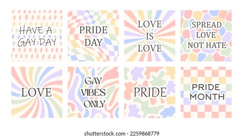 Juego de vectores de tarjetas de felicitación retro para el Mes del Orgullo LGBTQ. Publicación en medios sociales con groovys lemas queer, frases onduladas y citas. Un corazón con colores de bandera LGBT arcoiris. Ilustración vectorial en estilo plano.