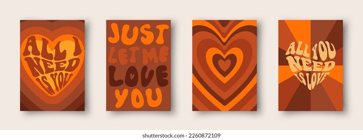 Vector set of retro greeting cards for Valentines Day. Social media post with groovy slogans and phrase. love word in heart shape