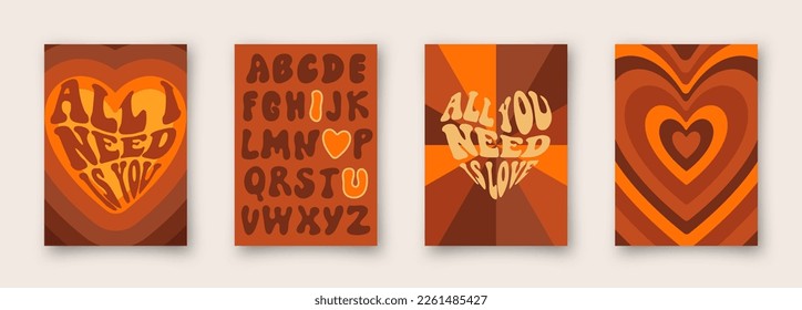Vector set of retro greeting cards for Valentines Day. Social media post with groovy slogans and phrase. love word in heart shape