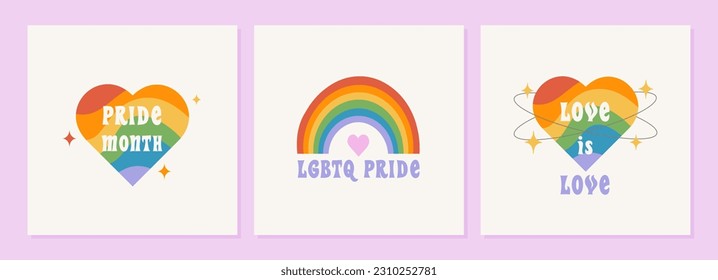 Vector set of retro greeting cards for Pride Month. LGBT colorful backgrounds in vintage groovy hippie style. LGBT rainbow flag, heart shape. Social media stories template.