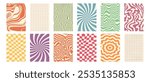 Vector set of retro groovy backgrounds. Vertical posters with chessboard, twisted, wavy, swirl, and rays backgrounds. Vector illustration