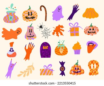 Vector set retro groovy elements for Halloween party with handwritten calligraphy and traditional symbols for printing social media 