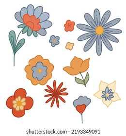 Conjunto vectorial de flores y tallos retro groovy. Hippie contorno clipart con diferentes flores y hojas aisladas de fondo. Imagen floral de estilo antiguo para pegatinas y rayado