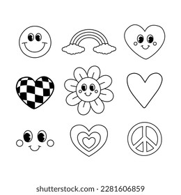 Vector set of retro groovy outline elements isolated on white background