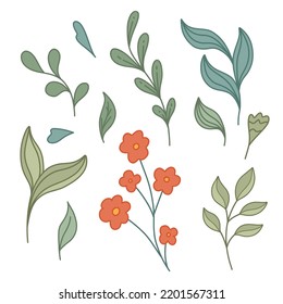 Vector set of retro groovy stems, foliage and small red flower. Cottagecore clipart with different leaves and stalk isolated from background. Retro natural image for stickers and scrapbooking