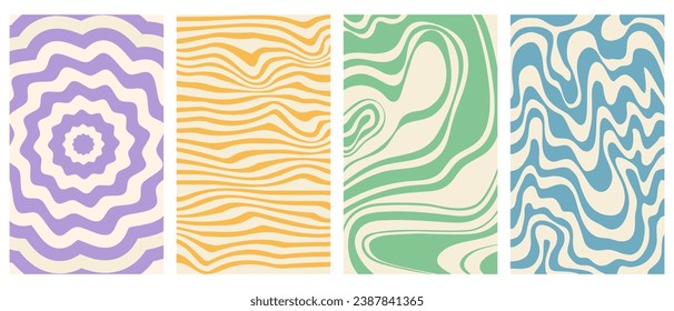 Conjunto de vectores de afiches verticales retro groovy. Fondos torcidos y distorsionados. Ilustración del vector