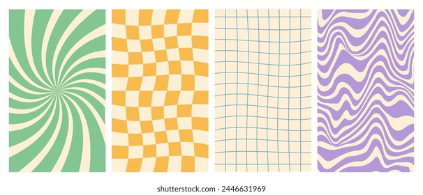 Vector set of retro groovy vertical posters. Twisted and distorted backgrounds. Vector illustration
