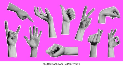 Vector set of retro halftone hands. Halftone collage elements. Torn paper. Trendy vintage collection of hands gesture signs. Modern set of collage with human palms. Paper cutout arms.