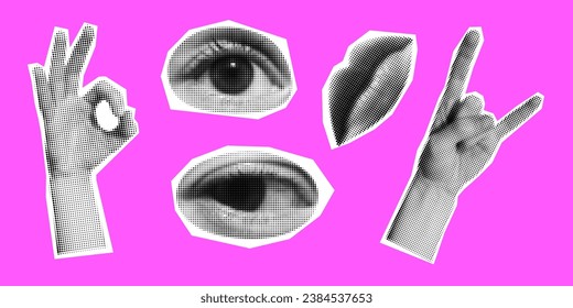 Vector set of retro halftone hands, lips and eyes. Halftone collage elements. Torn paper. Trendy vintage collection. Modern collage with paper cutout human parts on pink background.