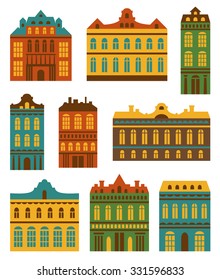 Vector set of retro houses silhouettes. Old city design. Modern castles