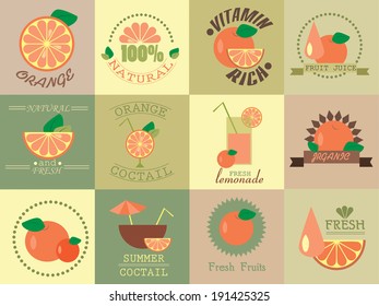 Vector set of retro icons with orange and fresh juice