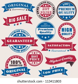 Vector set of retro labels about commerce, service and quality.