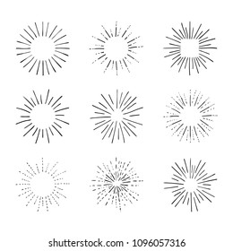 Vector Set of Retro Light Rays, Isolated on White Black Outline Drawings, Vintage Sketch Design Elements Collection.