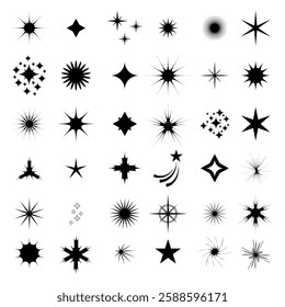 Vector Set of retro magic stars isolated on white background. Futuristic sparkles shapes. Minimalist basic icons.