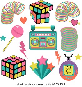 Vector set of retro nostalgia for the 80s and 90s. Bright attributes of pop art stickers, boombox, record player.