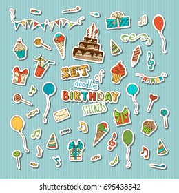 Vector set of retro patches, stickers, embroidery and sticky labels. Birthday cake with candles, birthday hats and gifts, cupcakes and drinks, balloons, music notes, blowouts, garland, firework.