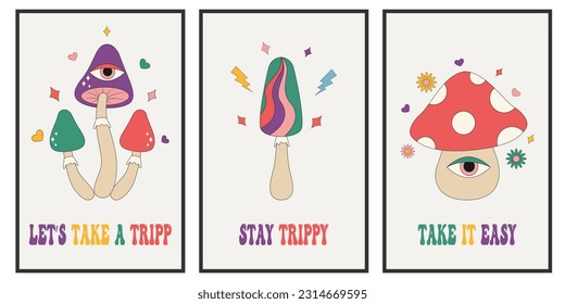 Vector set of retro posters 70's psychedelic hippie mushrooms with groovy slogan. Psychedelic poster template. Vector illustration for design or print