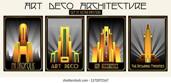 Vector Set Of Retro Posters Art Deco Architecture Style