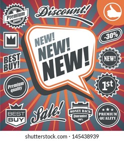 Vector set of retro promotional labels. Signs, stickers, badges and banners collection on vintage background. 