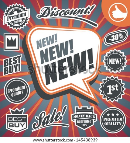 Vector set of retro promotional labels. Signs, stickers, badges and banners collection on vintage background. 