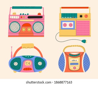 conjunto vectorial de grabadora de audio de radio retro en estilo plano. aislado en el fondo beige.Boombox colorido para escuchar música disco 80s, 90s.colección de equipo estéreo de audio para el diseño,web.