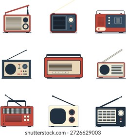Conjunto vetorial de ilustrações de rádio retro. Vários rádios retro com antenas.
