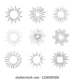 Vector Set of Retro Rays,Shining Isolated on White Black Outline Drawings, Vintage Sketch Design Elements Collection.