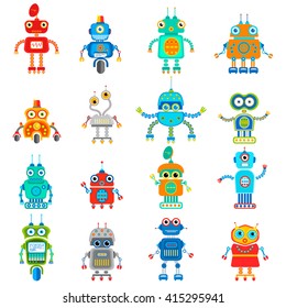 Vector set of retro robots in flat style, vintage cute robots. Toy robots vector