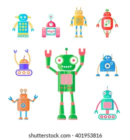 Vector set of retro robots. Retro robots isolated on white background. Child toys.