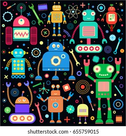 Vector set of retro robots. Retro robots isolated on black background. Child toys.
