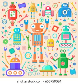 Vector set of retro robots. Retro robots isolated on light background. Child toys.