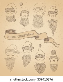 Vector set of retro Santa hats, beards, moustache and eyeglasses. Hand-drawn Christmas design elements on vintage background.