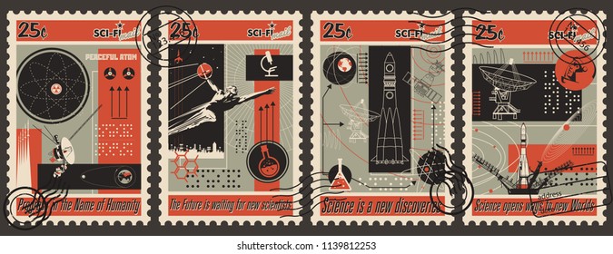 Vector Set of Retro Science Propaganda Postage Stamps 