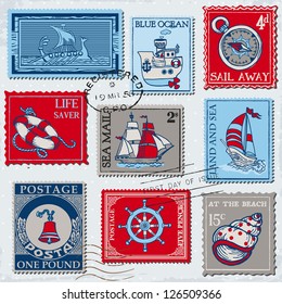 Vector Set of Retro SEA POST Stamps - High Quality -  for design and scrapbook