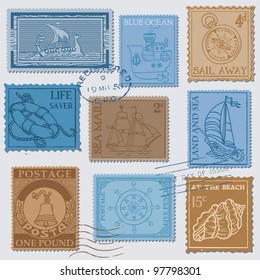 Vector Set of Retro SEA POST Stamps - High Quality -  for design and scrapbook