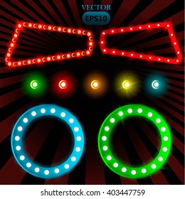 Vector set Retro Showtime signs, vintage billboard. Bright Billboard Signage Light Bulbs,Neon Lamps, Frames, Arrows, Icons.