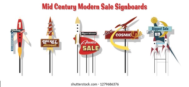 Vector Set of Retro Signboards Space Rockets Design